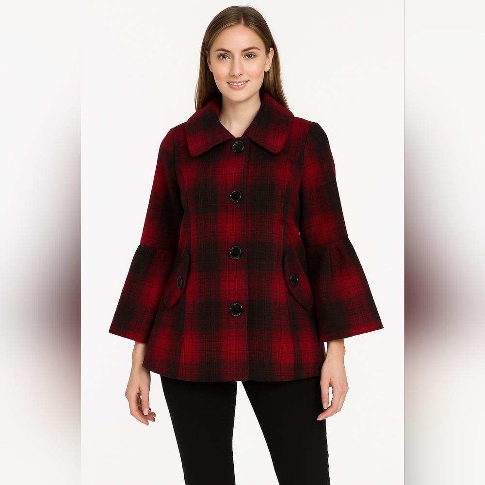 Oleg Cassini Womens WOOL Blend Jacket MEDIUM Buffalo Bell Sleeve Red Black Plaid